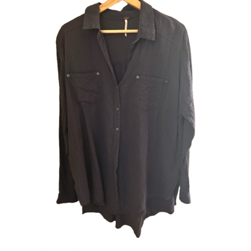 Free People Small Cotton Gauzy Charcoal Casual Button Shirt V-Neck Oversized